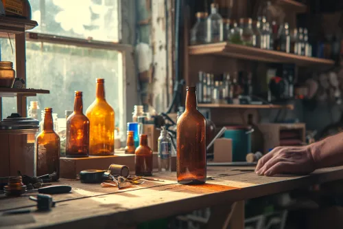 Sélection minutieuse de bouteilles et bocaux en verre avant découpe à la Dremel pour limiter casse et blessures