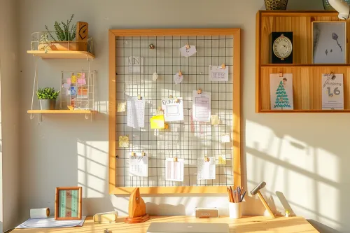 Pêle-mêle mural DIY fabriqué avec grillage métallique et chutes de bois, idéal pour accrocher photos, cartes et petites notes décoratives