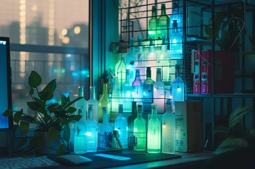 Composition élégante de décorations artisanales en verre recyclé, transformant bouteilles et bocaux en objets design écoresponsables