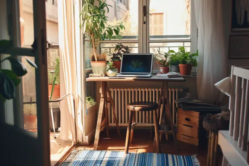 Entrée chaleureuse, bureau fonctionnel et terrasse conviviale aménagés avec des meubles récup créatifs et économiques