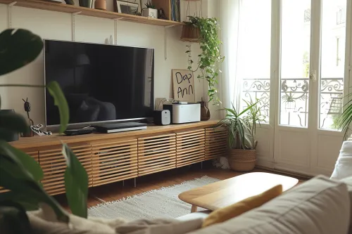 Aménagement d’un petit salon moderne avec des meubles récup intelligemment disposés pour gagner de l’espace et du style