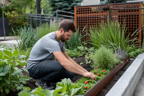 Aménagement de jardin durable conçu avec du métal recyclé, combinant esthétique moderne et valorisation de matériaux récupérés