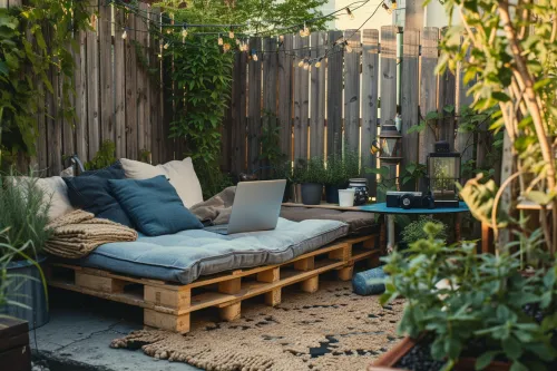 Aménagement d’un jardin avec salon extérieur fabriqué à partir de palettes recyclées transformées en mobilier design