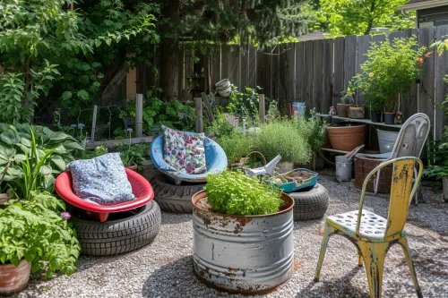 Décoration de jardin créative utilisant métal recyclé, plastique réemployé et pneus transformés en éléments esthétiques