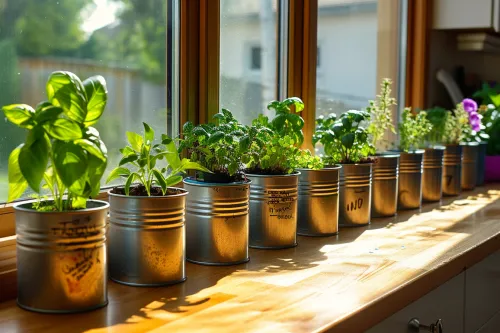 Boîtes de conserve vides transformées en petits pots de culture pour faire pousser des plantes aromatiques durables
