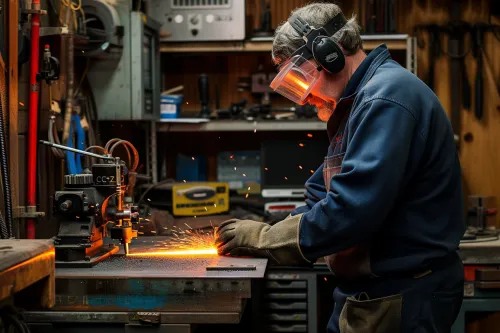 Opérateur en atelier de métallerie appliquant les règles de sécurité et prévention des risques pour fabriquer un meuble métallique